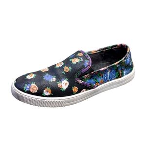 Coach Parkside Floral Black Leather Casual Slip On Sneakers Women's Size 8
